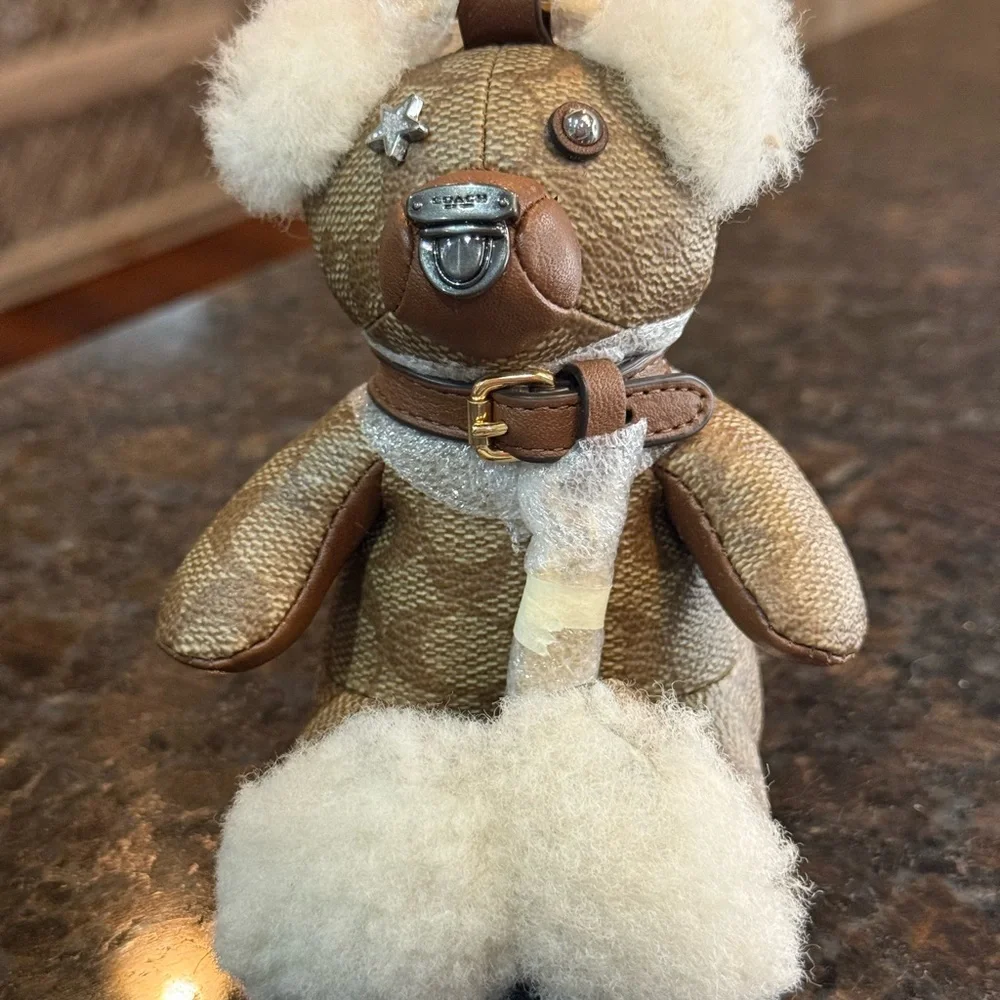 Rare Coach Monogram Tan and Cream Sitting Teddy Bear Keychain